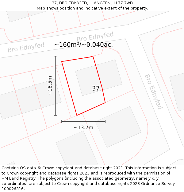 37, BRO EDNYFED, LLANGEFNI, LL77 7WB: Plot and title map