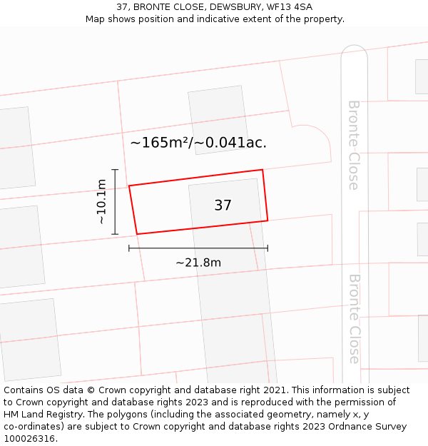 37, BRONTE CLOSE, DEWSBURY, WF13 4SA: Plot and title map