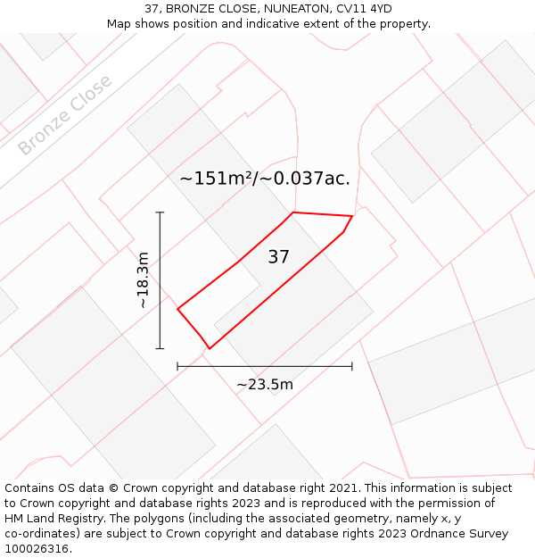 37, BRONZE CLOSE, NUNEATON, CV11 4YD: Plot and title map