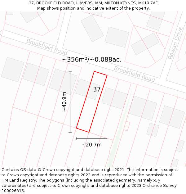 37, BROOKFIELD ROAD, HAVERSHAM, MILTON KEYNES, MK19 7AF: Plot and title map