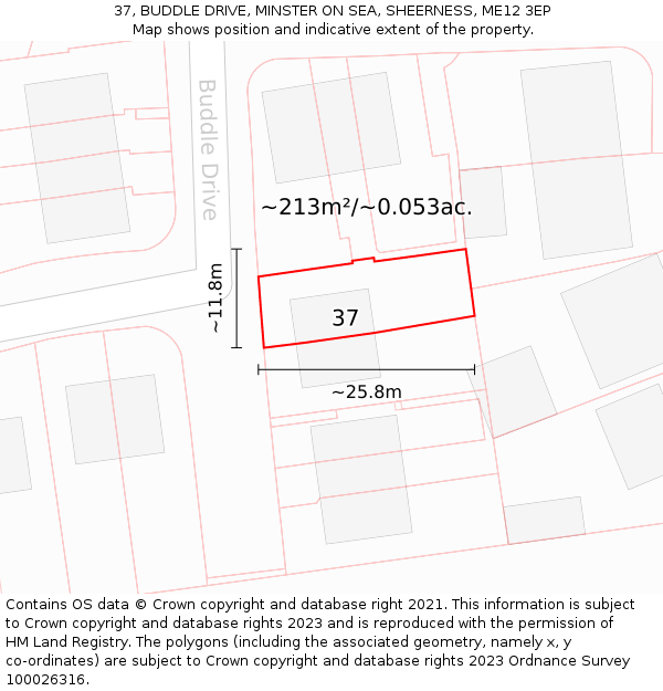 37, BUDDLE DRIVE, MINSTER ON SEA, SHEERNESS, ME12 3EP: Plot and title map