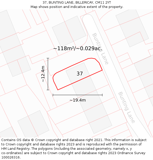 37, BUNTING LANE, BILLERICAY, CM11 2YT: Plot and title map