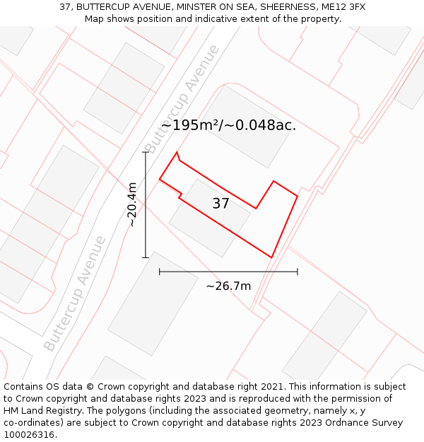 37, BUTTERCUP AVENUE, MINSTER ON SEA, SHEERNESS, ME12 3FX: Plot and title map