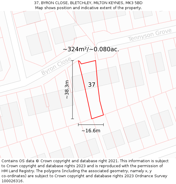 37, BYRON CLOSE, BLETCHLEY, MILTON KEYNES, MK3 5BD: Plot and title map