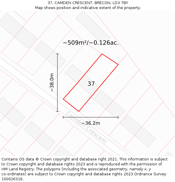 37, CAMDEN CRESCENT, BRECON, LD3 7BY: Plot and title map