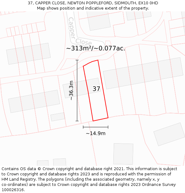 37, CAPPER CLOSE, NEWTON POPPLEFORD, SIDMOUTH, EX10 0HD: Plot and title map
