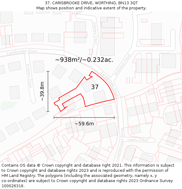 37, CARISBROOKE DRIVE, WORTHING, BN13 3QT: Plot and title map