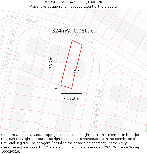 37, CARLTON ROAD, ERITH, DA8 1DR: Plot and title map