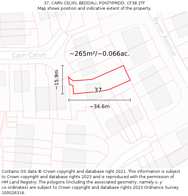 37, CARN CELYN, BEDDAU, PONTYPRIDD, CF38 2TF: Plot and title map