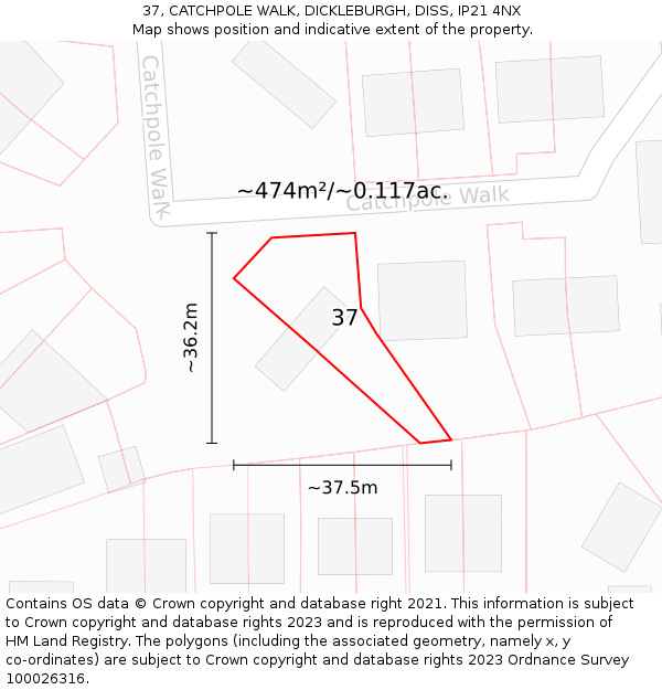 37, CATCHPOLE WALK, DICKLEBURGH, DISS, IP21 4NX: Plot and title map