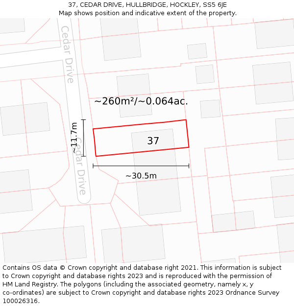 37, CEDAR DRIVE, HULLBRIDGE, HOCKLEY, SS5 6JE: Plot and title map