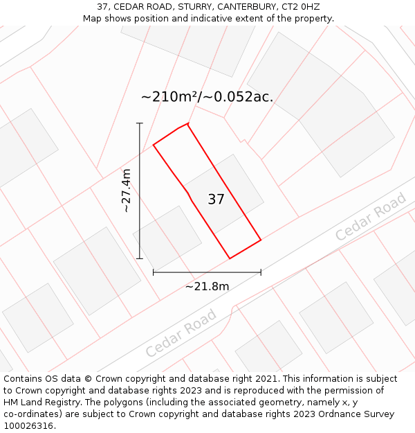 37, CEDAR ROAD, STURRY, CANTERBURY, CT2 0HZ: Plot and title map