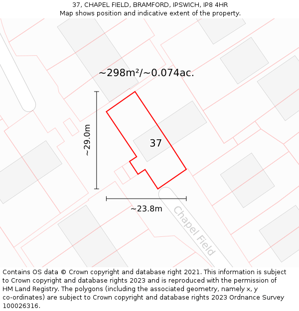 37, CHAPEL FIELD, BRAMFORD, IPSWICH, IP8 4HR: Plot and title map