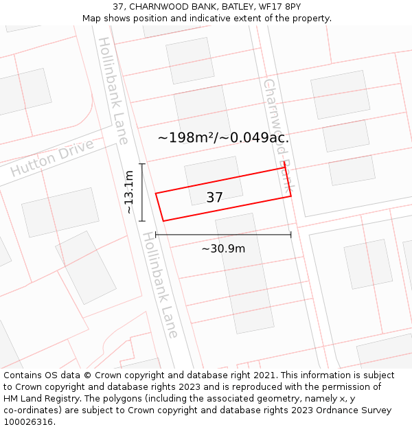 37, CHARNWOOD BANK, BATLEY, WF17 8PY: Plot and title map