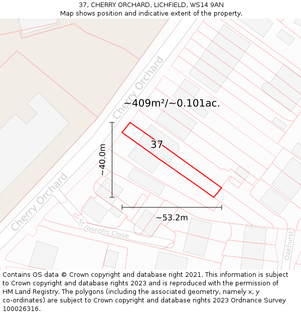 37, CHERRY ORCHARD, LICHFIELD, WS14 9AN: Plot and title map