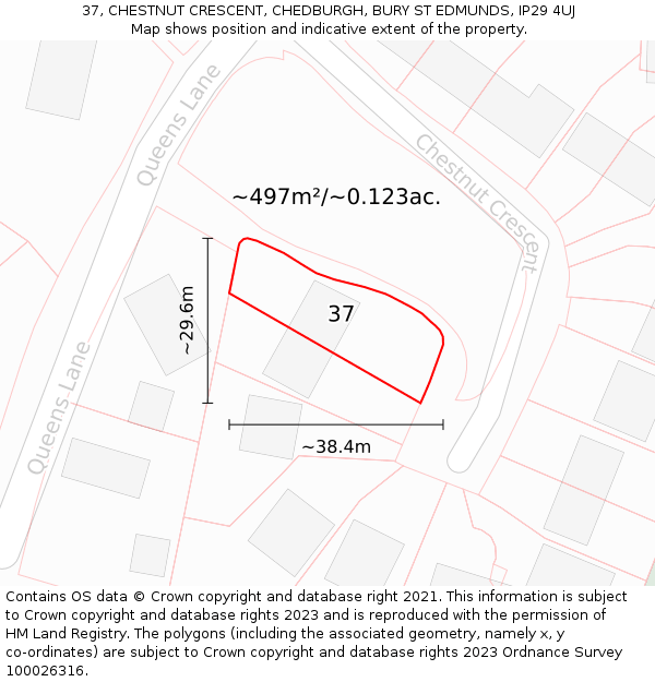 37, CHESTNUT CRESCENT, CHEDBURGH, BURY ST EDMUNDS, IP29 4UJ: Plot and title map