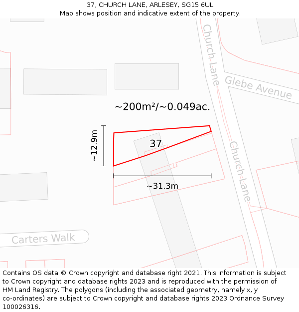 37, CHURCH LANE, ARLESEY, SG15 6UL: Plot and title map