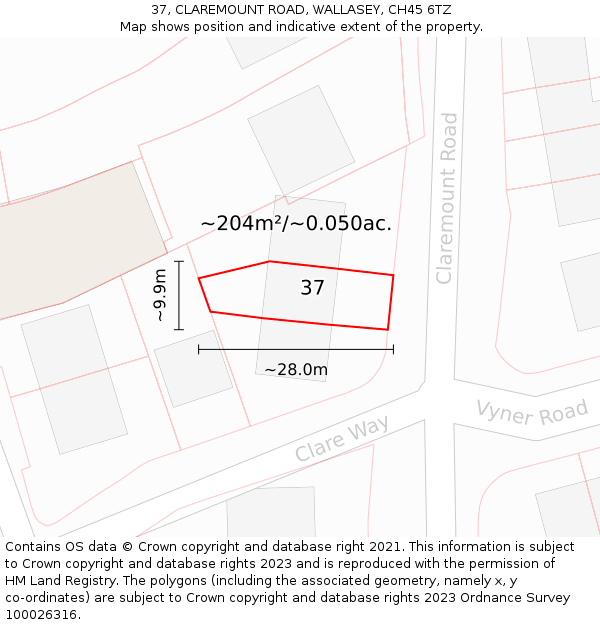 37, CLAREMOUNT ROAD, WALLASEY, CH45 6TZ: Plot and title map