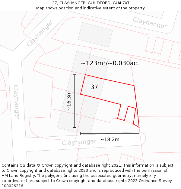 37, CLAYHANGER, GUILDFORD, GU4 7XT: Plot and title map