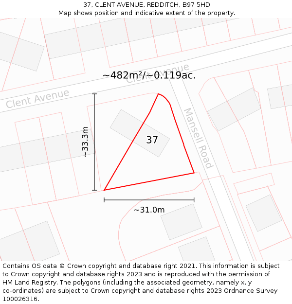37, CLENT AVENUE, REDDITCH, B97 5HD: Plot and title map