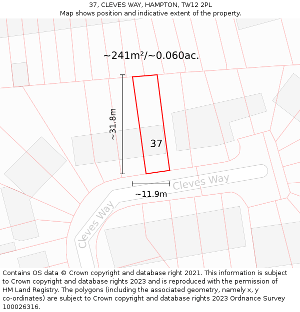 37, CLEVES WAY, HAMPTON, TW12 2PL: Plot and title map