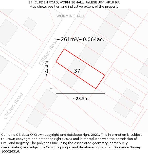 37, CLIFDEN ROAD, WORMINGHALL, AYLESBURY, HP18 9JR: Plot and title map