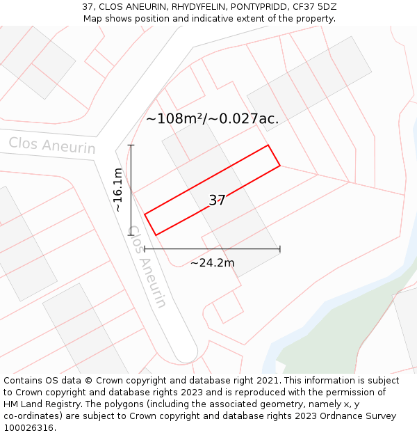 37, CLOS ANEURIN, RHYDYFELIN, PONTYPRIDD, CF37 5DZ: Plot and title map
