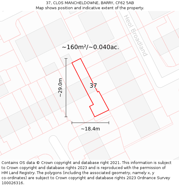 37, CLOS MANCHELDOWNE, BARRY, CF62 5AB: Plot and title map