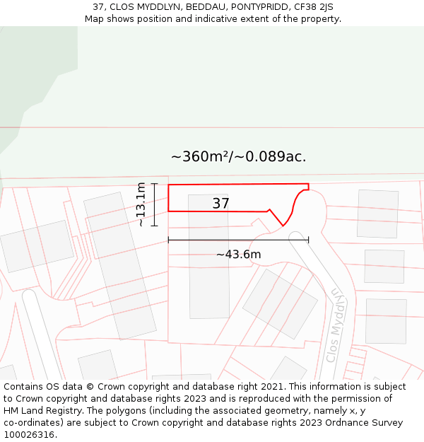37, CLOS MYDDLYN, BEDDAU, PONTYPRIDD, CF38 2JS: Plot and title map