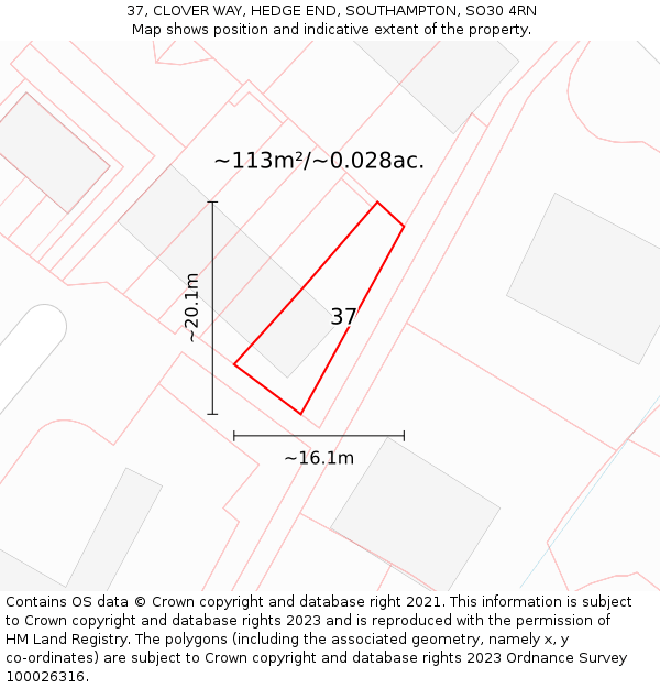 37, CLOVER WAY, HEDGE END, SOUTHAMPTON, SO30 4RN: Plot and title map