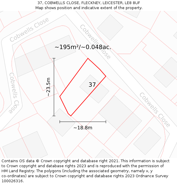 37, COBWELLS CLOSE, FLECKNEY, LEICESTER, LE8 8UF: Plot and title map