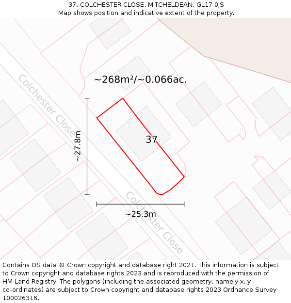 37, COLCHESTER CLOSE, MITCHELDEAN, GL17 0JS: Plot and title map