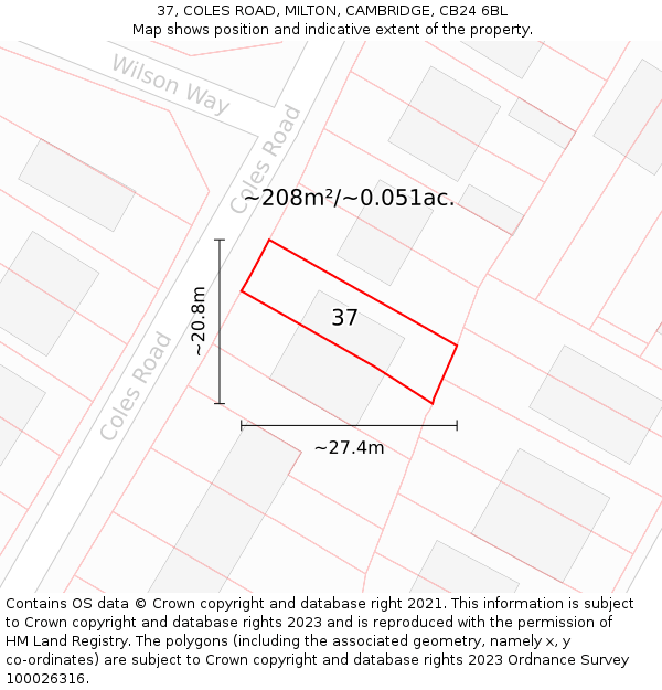 37, COLES ROAD, MILTON, CAMBRIDGE, CB24 6BL: Plot and title map