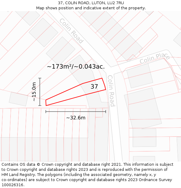 37, COLIN ROAD, LUTON, LU2 7RU: Plot and title map