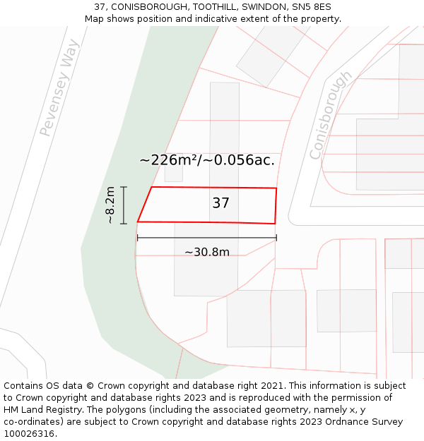 37, CONISBOROUGH, TOOTHILL, SWINDON, SN5 8ES: Plot and title map