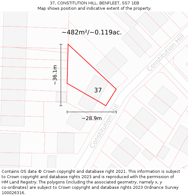 37, CONSTITUTION HILL, BENFLEET, SS7 1EB: Plot and title map