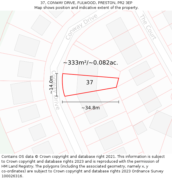 37, CONWAY DRIVE, FULWOOD, PRESTON, PR2 3EP: Plot and title map