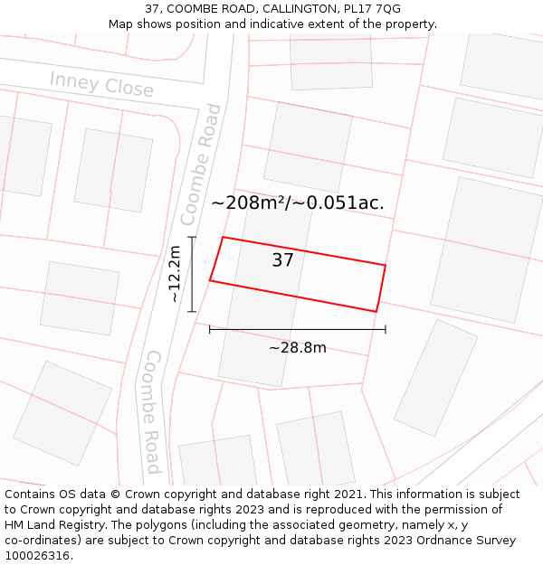 37, COOMBE ROAD, CALLINGTON, PL17 7QG: Plot and title map