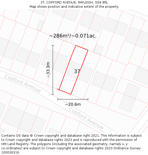 37, COPFORD AVENUE, RAYLEIGH, SS6 8RL: Plot and title map