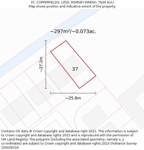 37, COPPERFIELDS, LYDD, ROMNEY MARSH, TN29 9UU: Plot and title map