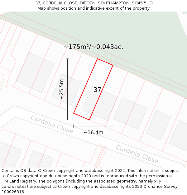 37, CORDELIA CLOSE, DIBDEN, SOUTHAMPTON, SO45 5UD: Plot and title map