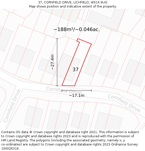 37, CORNFIELD DRIVE, LICHFIELD, WS14 9UG: Plot and title map
