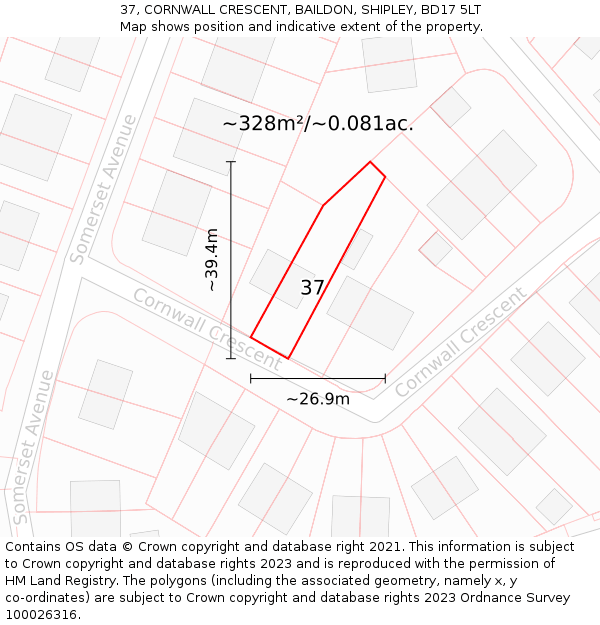 37, CORNWALL CRESCENT, BAILDON, SHIPLEY, BD17 5LT: Plot and title map