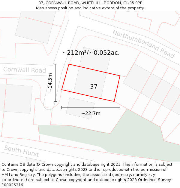 37, CORNWALL ROAD, WHITEHILL, BORDON, GU35 9PP: Plot and title map