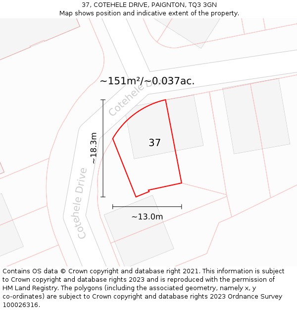 37, COTEHELE DRIVE, PAIGNTON, TQ3 3GN: Plot and title map