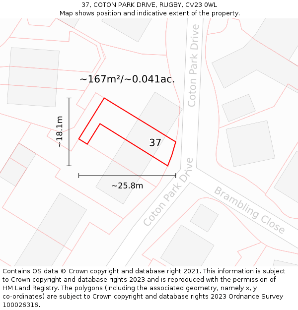 37, COTON PARK DRIVE, RUGBY, CV23 0WL: Plot and title map