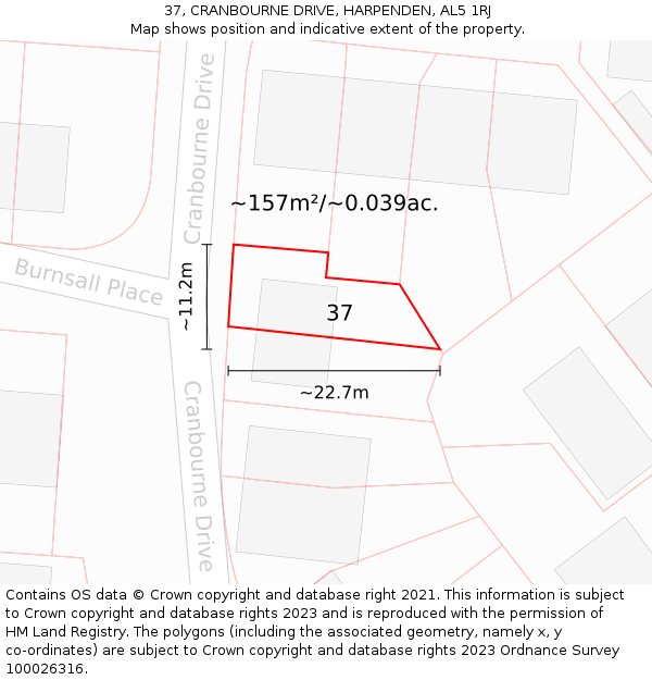 37, CRANBOURNE DRIVE, HARPENDEN, AL5 1RJ: Plot and title map