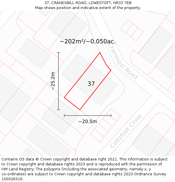 37, CRANESBILL ROAD, LOWESTOFT, NR33 7EB: Plot and title map