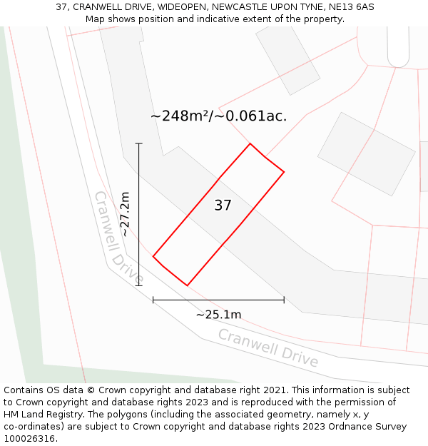 37, CRANWELL DRIVE, WIDEOPEN, NEWCASTLE UPON TYNE, NE13 6AS: Plot and title map
