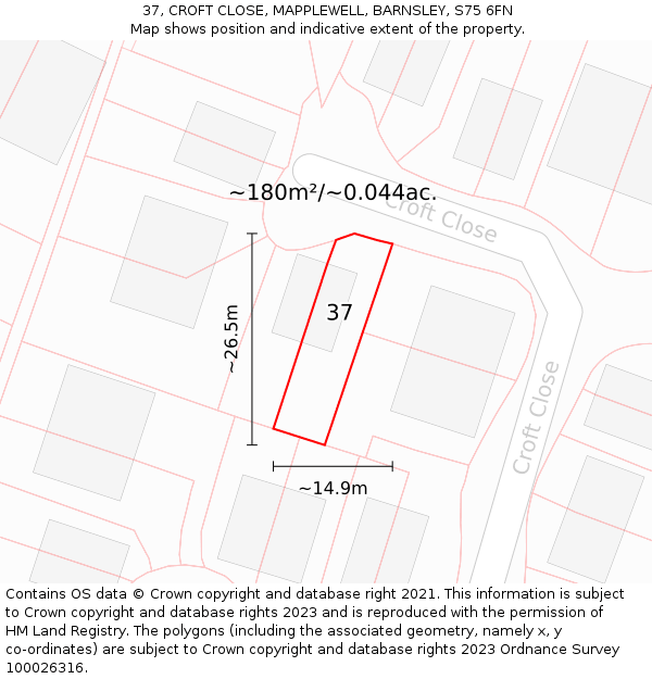 37, CROFT CLOSE, MAPPLEWELL, BARNSLEY, S75 6FN: Plot and title map